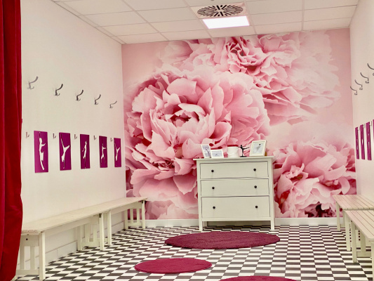 Pfingstrosen-rosa Umkleide mit dekorativen Akzenten und liebevollen Details.